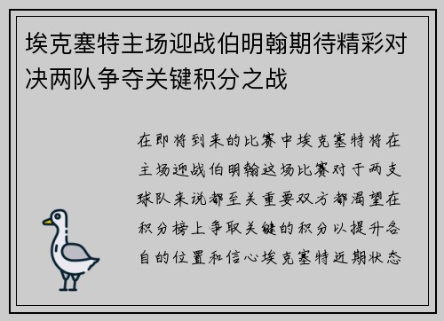 埃克塞特主场迎战伯明翰期待精彩对决两队争夺关键积分之战